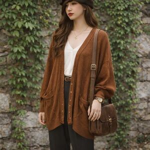 FREE PEOPLE Rust Oversized Linen Blend Snap Front Cardigan, M